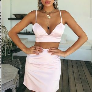 Pink satin skirt and cropped tank set